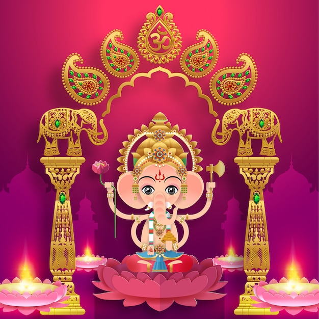 Diwali, Deepavali or Dipavali the festival of lights india with gold diya patterned and crystals on paper color Background.