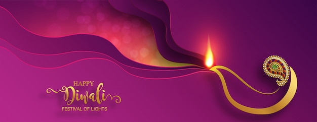 Diwali, Deepavali or Dipavali the festival of lights india with gold diya patterned and crystals on paper color Background.