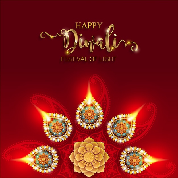 Diwali, Deepavali or Dipavali the festival of lights india with gold diya patterned and crystals on paper