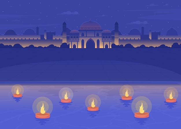 Diwali diyas floating in Ganges river flat color vector illustration