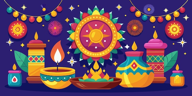 Diwali festival celebration with colorful diyas rangoli and lanterns for festive decor