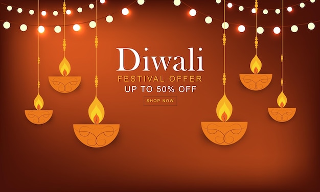 Vector diwali festival offer banner template design with decorative hanging diya lamp