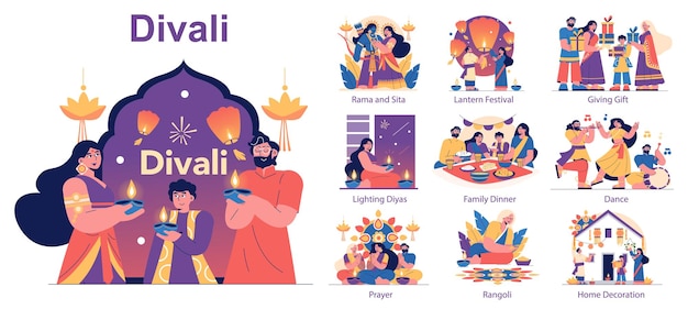 Vector diwali festival set illustrates traditions and rituals like lighting diyas family dinner and dance