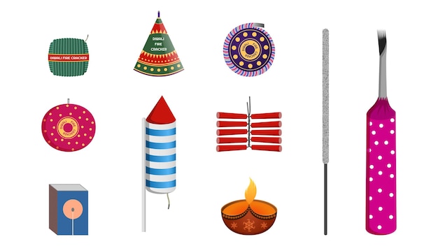 Diwali fire crackers diya and match box vector objects