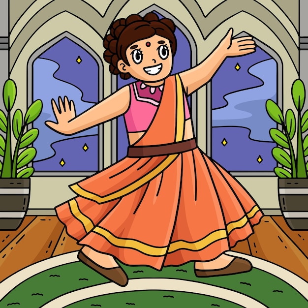 Diwali Girl Dancing Colored Cartoon Illustration