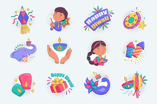 Diwali Hindu festival cute stickers set in flat cartoon design Lanterns oil lamps candles fireworks Deepavali celebrate symbols and other Vector illustration for planner or organizer template