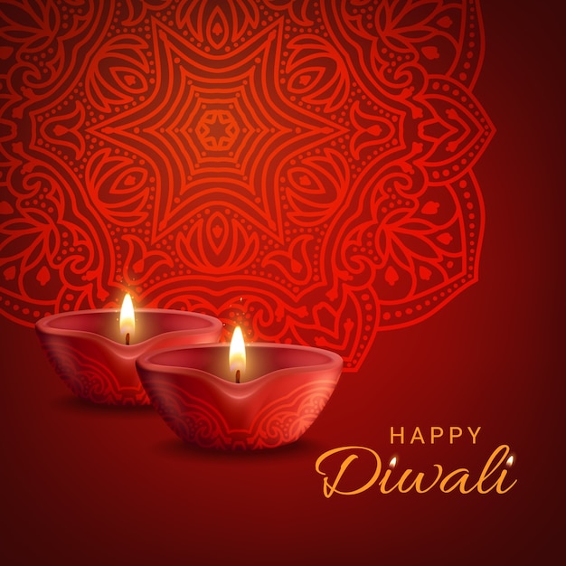 Diwali indian festival of lights poster. Hindu Deepavali holiday decoration, burning candles and traditional mandala on red background. Happy Diwali greeting card design with realistic 3d lamps