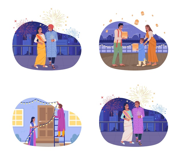 Diwali Indian holiday 2D vector isolated illustrations set