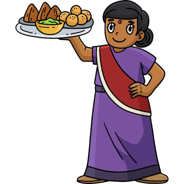 Diwali Mom Carrying Food Cartoon Colored Clipart