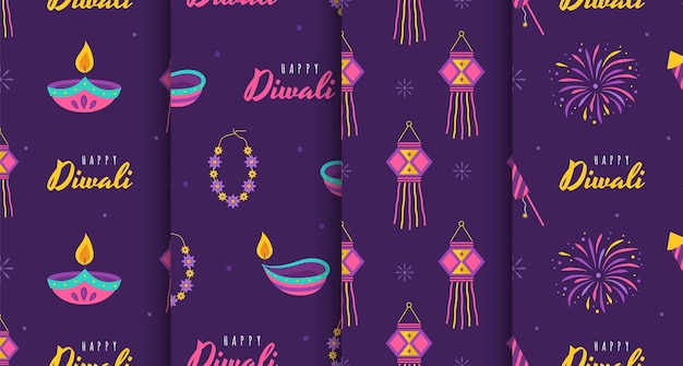 Diwali pattern set Cute backgrounds for hindu holiday Indian festival of lights Vector illustration in flat cartoon style Perfect for fabric package paper wallpaper greeting cards