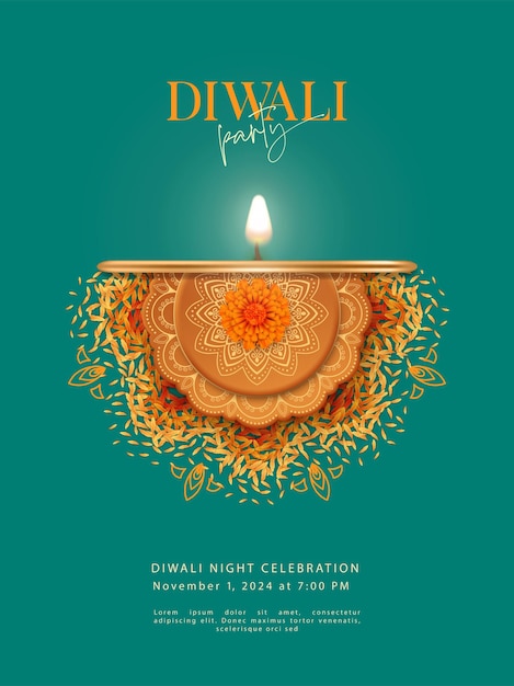 Vector diwali poster template with diya lamp and rangoli pattern made of flowers and petals