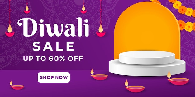 Diwali sale horizontal banner with podium