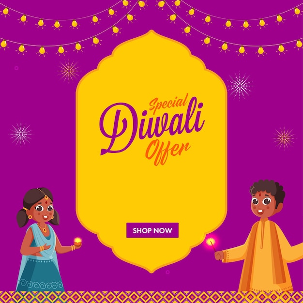 Diwali Sale Poster Design With Indian Kids Holding Sparkling Sticks Lighting Garland On Yellow And Magenta Background