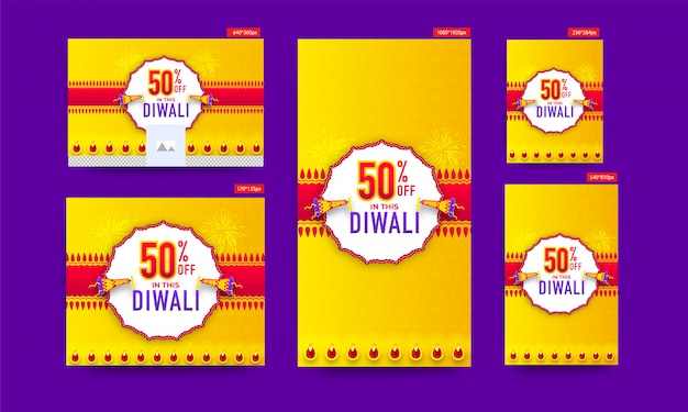 Vector diwali sale poster and template  collection with 50% discount offer and megaphone on yellow and red .