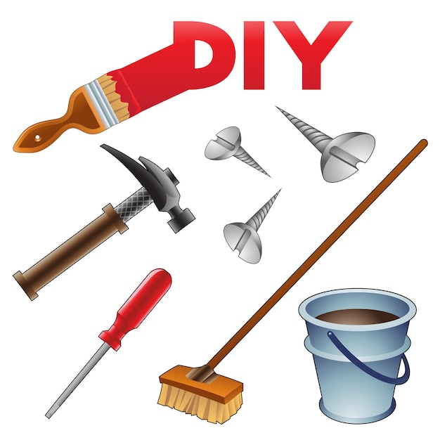 DIY Icons of Hammer Screwdriver Screws Bucket Painting Brush and Push Broom