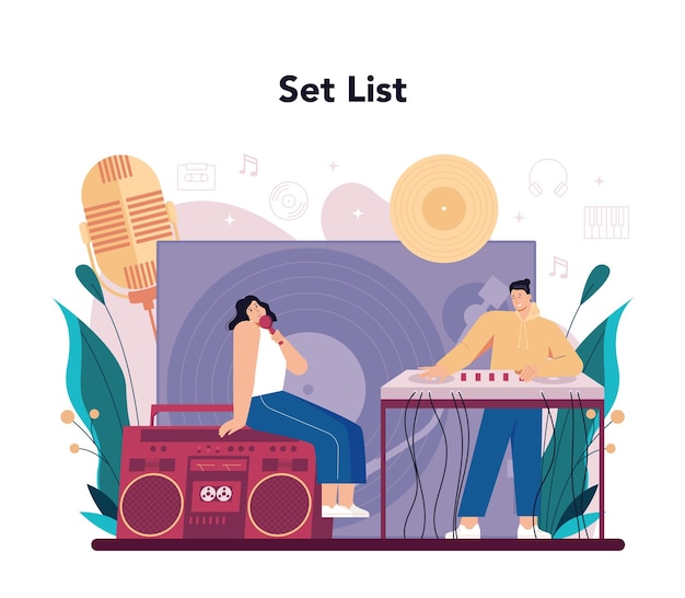 DJ concept Person standing at turntable mixer make music in club Club music composer with headphones Isolated flat vector illustration