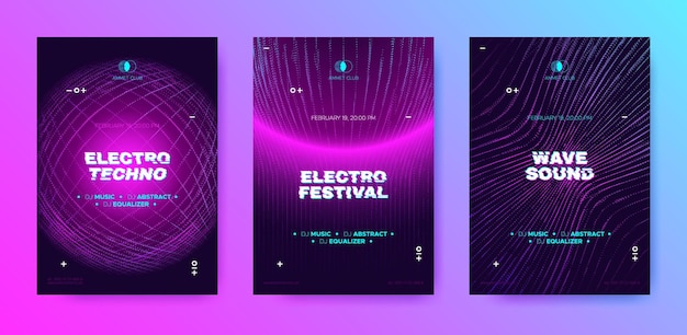 Dj flyers set neon posters for electronic music festival