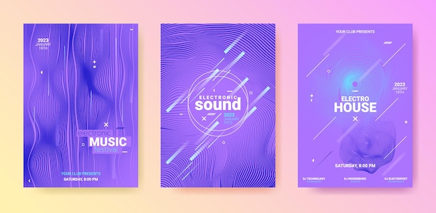 Dj flyers set neon posters for electronic music festival