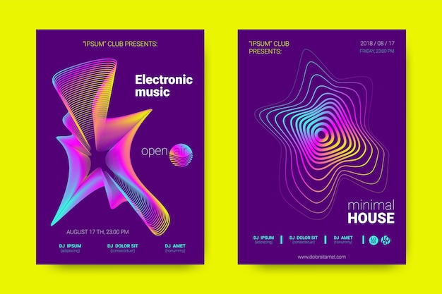 Dj flyers set neon posters for electronic music festival