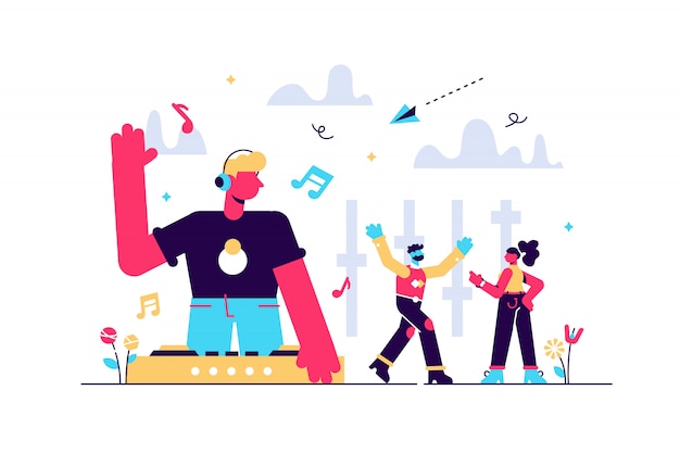 DJ in headphones at turntable playing music and tiny people dancing at party. Electronic music, DJ music set, DJing school courses concept. Bright vibrant violet isolated illustration