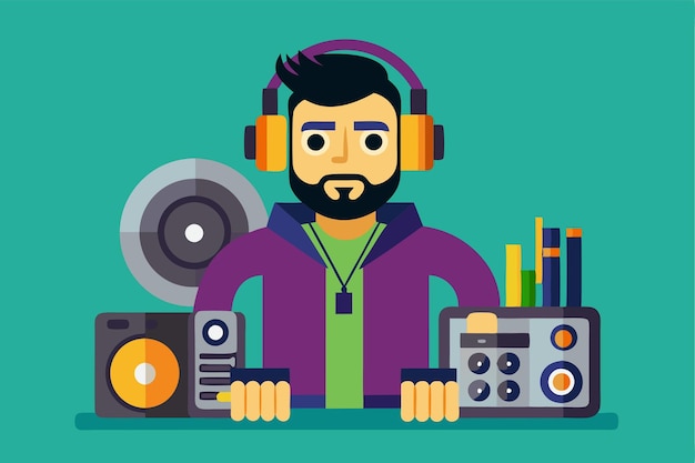 A DJ man is shown with headphones and music equipment ready to mix tracks and entertain at a lively event Customizable flat illustration for DJ man