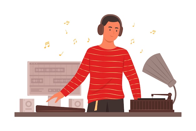 DJ Man Mixing Music and Record Audio Sounds Concept Illustration