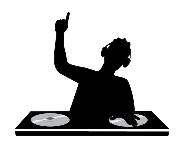 Vector dj man playing dj silhouette disc jockey man silhouette dj and record decks