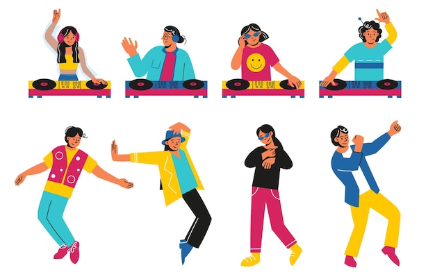 DJ party people Electronic musicians and rave dancers Happy men or women mixing tracks on turntables and dancing Persons with disco equipment and headset Vector techno house party characters set