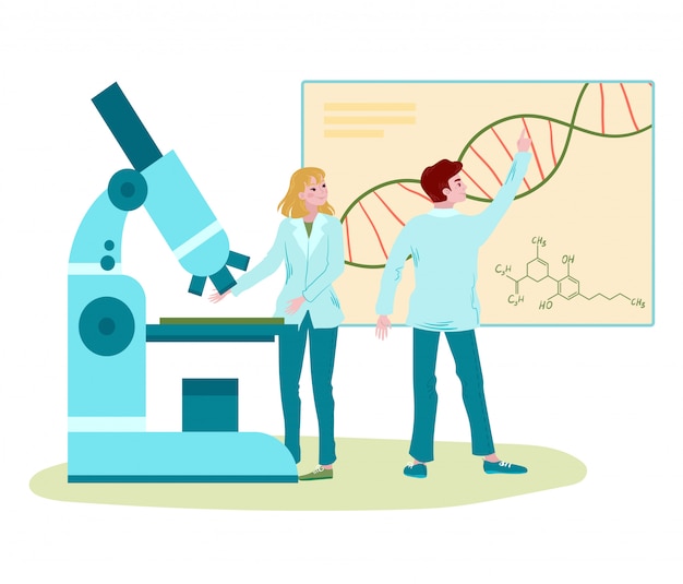 Vector dna laboratory research, scientists looking at dna chart with microscope, biotechnology, medicine isolated on white cartoon   illustration.