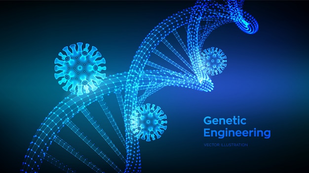 DNA sequence and COVID-19 infection virus cells. Coronavirus 2019-nCov. DNA molecules structure mesh.