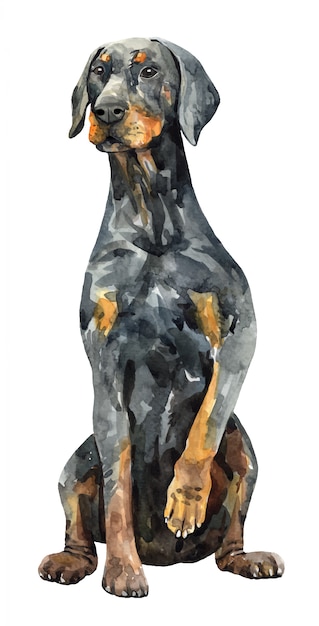 Doberman pinscher of a dog. Watercolor hand drawn illustration.