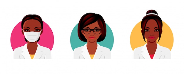 Doctor Afro-American woman character in white medical uniform with various hairstyles, glasses and medical face mask. Female avatars set.  illustration.