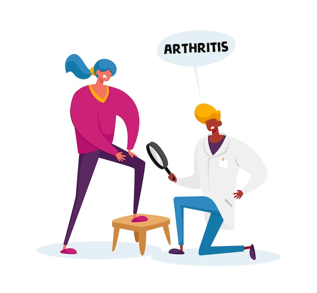 Doctor Arthrologist Character with Magnifying Glass Watch on Patient Arthritis Knee