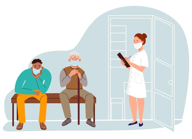 The doctor calls the patient to the office masked people of different ages waiting in line