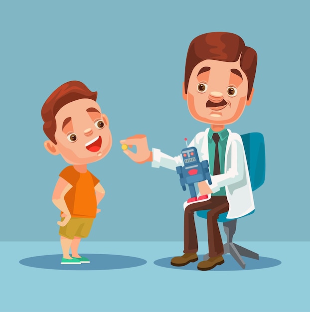 Doctor character giving medicine to little boy patient