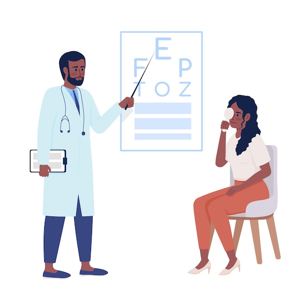 Doctor conducting vision checkup semi flat color vector characters