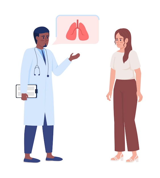 Doctor consulting woman with lung disease semi flat color vector characters