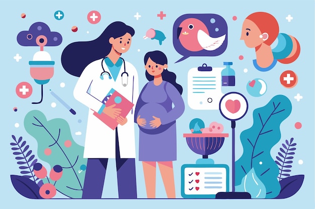 A doctor discusses infertility diagnosis with a pregnant woman in a colorful clinical environment Customizable illustration of infertility diagnosis