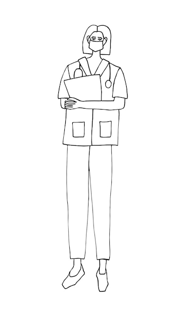 Doctor doodle illustration Vector illustration medical staff Nurse in uniform and medical mask