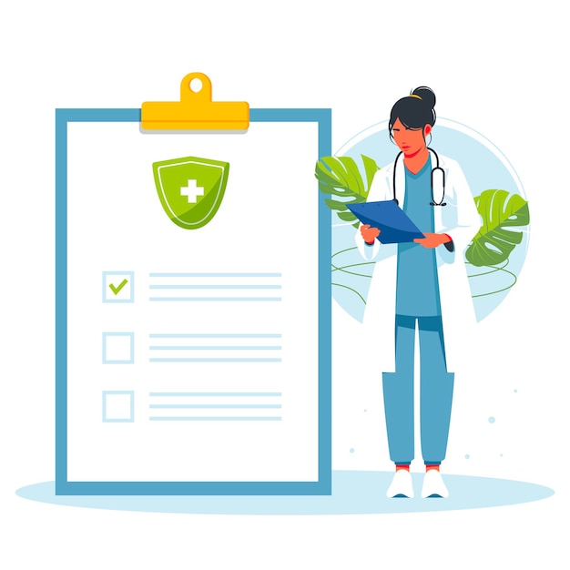 Vector doctor examines the report of the disease. medical checkup annual doctor health test appointment tiny person concept. preventive examination. patient consults hospital specialist. vector illustration