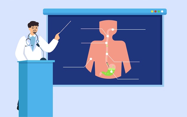 Doctor explaining about Gastroesophageal reflux disease at a board. presentation explaining charts.