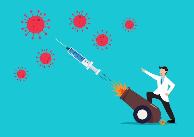 Doctor fighting with coronavirus by syringe shot from explosive cannon. Vector illustration. COVID-19 immunization concept.