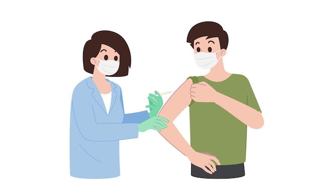 The doctor give injection to a patient. Coronavirus vaccination, medical doctor wear surgery mask process of immunization against covid-19. Vector medical protection concept.