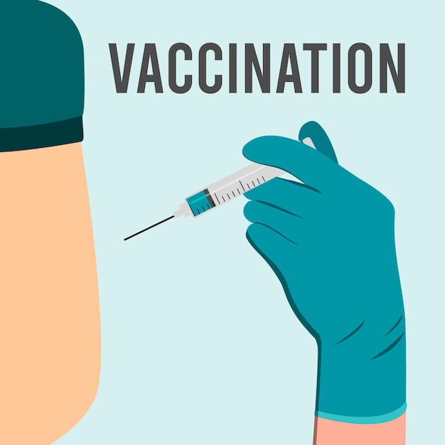 The doctor gives an injection in the shoulder, arm muscle. Coronavirus vaccination, doctor injecting a patient. Doctor hand wearing a glove making an injection. Vector illustration.