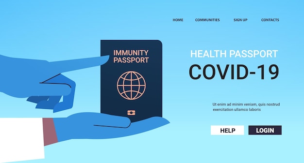 Doctor in gloves holding global immunity passport risk free covid-19 re-infection coronavirus immunity concept