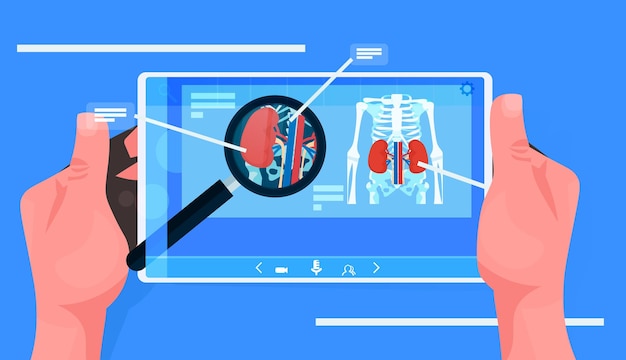 Doctor hands examining liver X-ray of patient on tablet pc screen health care medical treatment concept