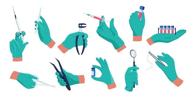 Doctor hands Medical worker in sterile rubber gloves with syringe and therapeutic tools healthcare vaccination disease treatment concept Vector set