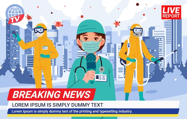 Doctor health workers with medical mask hazmat suit reporting spread pandemic in city town presenters on breaking news