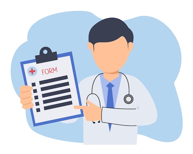 Vector doctor holding health form list medical background design