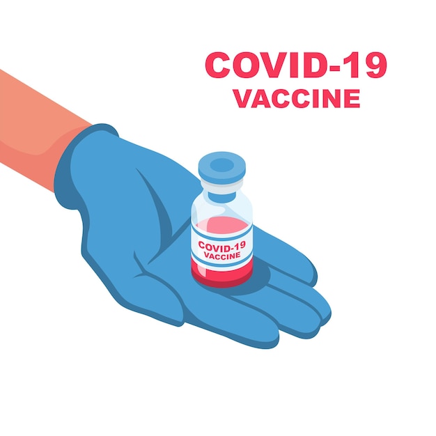 Doctor holds ampoule of the coronavirus vaccine in hand Test tube with blood sample COVID19 Laboratory sample in glass tube Pandemic infectious Vector flat design Isolated on background